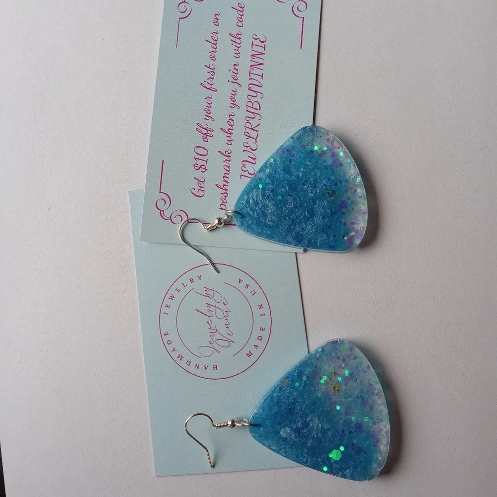 Hand Crafted Blue Glitter Earrings - Picture 2 of 5